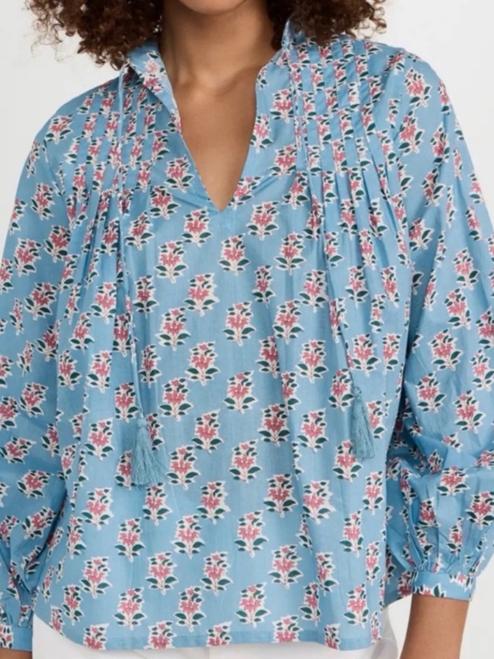 Women's Blue Floral Pintuck Peasant Blouse